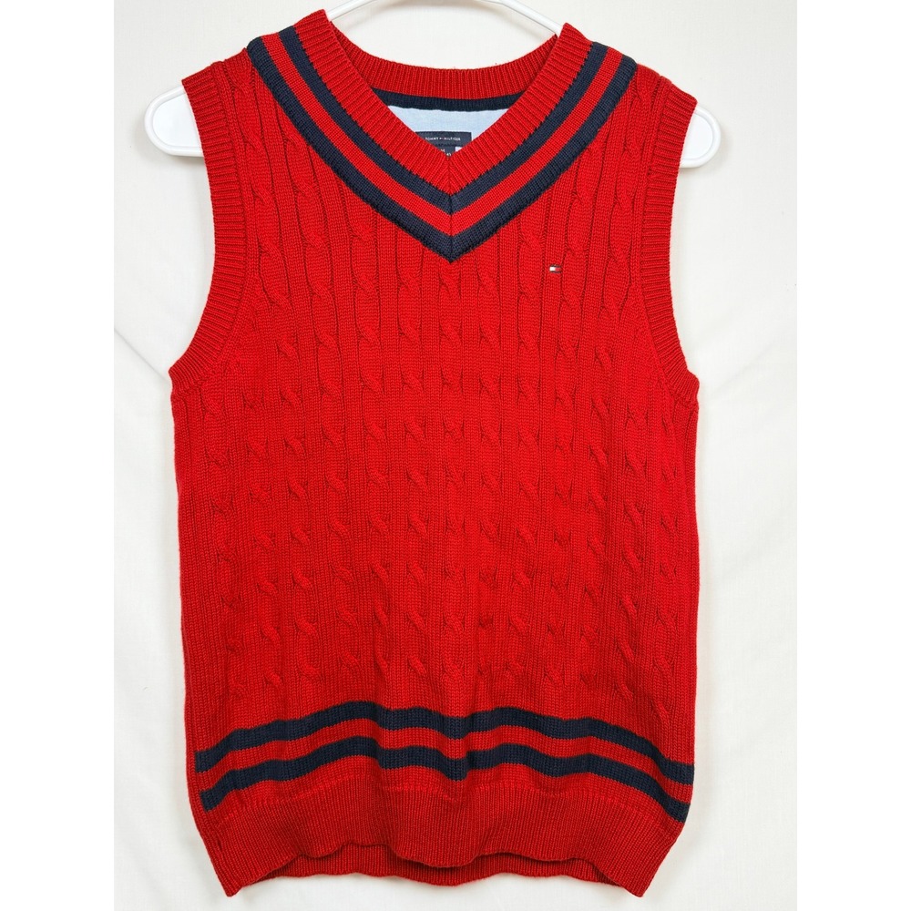 Tommy Hilfiger Boys Red Cable Knit Sweater Vest Sz M 12/14 Preppy V-Neck Striped